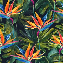 Tapeten Aquarell tropisches nahtloses Muster mit Paradiesvogelblume, Monstera, Palmblatt. © Tanya Syrytsyna