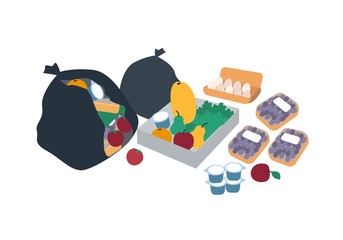 Plastic trash bags, boxes and packages full of discarded food for freegans - fruits, vegetables, eggs, diary products. Freeganism and dumpster diving. Flat cartoon colorful vector illustration.