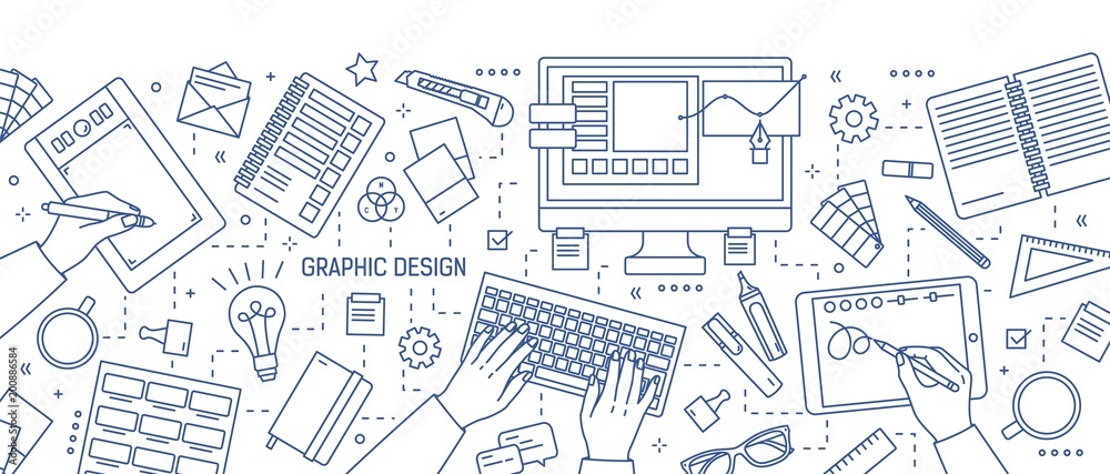 Poster banner with hands of designer working in digital editor or drawing on tablet, stationery and art too
