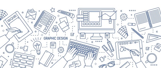 Banner with hands of designer working in digital editor or drawing on tablet, stationery and art tools drawn with blue lines on white background. Graphic design. Vector illustration in lineart style. - obrazy, fototapety, plakaty