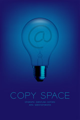 Incandescent light bulb switch off set At sign, Email concept design illustration isolated glow in blue gradient background