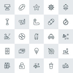 Modern Simple Set of sports, travel Vector outline Icons. ..Contains such Icons as  plane,  style,  home,  vacation,  ragby, sport,  dart and more on white background. Fully Editable. Pixel Perfect.