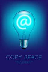 Incandescent light bulb switch on set At sign, Email concept design illustration isolated glow in blue gradient background