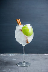 Gin with apple and cinnamon in wine glass. Selective focus.
