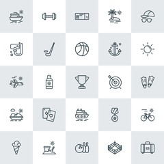 Modern Simple Set of sports, travel Vector outline Icons. ..Contains such Icons as sweet,  cream, baggage,  dumbbell, ring,  beach, sand and more on white background. Fully Editable. Pixel Perfect.