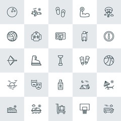 Modern Simple Set of sports, travel Vector outline Icons. ..Contains such Icons as  trolley,  wave, water, luggage,  transportation,  chair and more on white background. Fully Editable. Pixel Perfect.