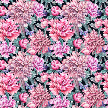 Watercolor seamless pattern pink flowers peonies