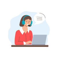 Call center operator, support, customer service. Vector illustration of a woman with headphones sitting at the table and working on the laptop