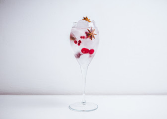 Gin with cranberry and ice in wine glass. Selective focus.