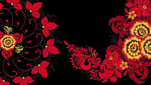 Khokhloma. Abstract fractal transformation background. Loopable. Painting Khokhloma Russia of bright red flowers and berries on black and gold background. Abstract background of red polygons