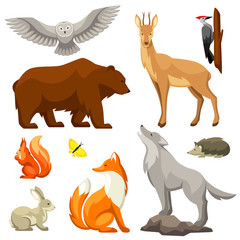 Set of woodland forest animals and birds. Stylized illustration