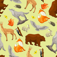 Seamless pattern with woodland forest animals and birds. Stylized illustration