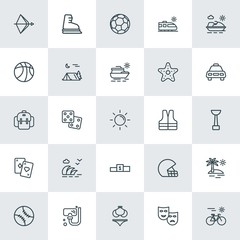 Modern Simple Set of sports, travel Vector outline Icons. ..Contains such Icons as  bike,  leisure,  nature,  scuba, winter,  league,  team and more on white background. Fully Editable. Pixel Perfect.
