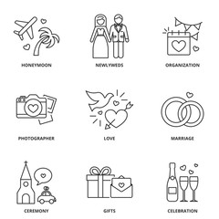 Wedding icons set: honeymoon, newlyweds, organization, photographer, love, marriage, ceremony, gifts, celebration