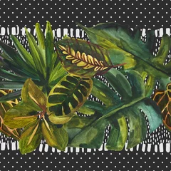 Schilderijen op glas Ongewone bladeren op zwarte achtergrond met polka dot, scrabble, lijnen. Horizontaal georiënteerd © Tanya Syrytsyna