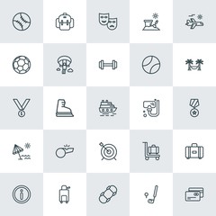 Modern Simple Set of sports, travel Vector outline Icons. ..Contains such Icons as  suitcase,  debit,  trolley, winter, credit,  board and more on white background. Fully Editable. Pixel Perfect.
