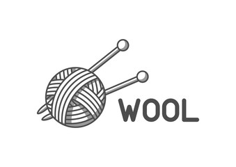 Wool emblem with with ball of yarn and knitting needles. Label for hand made, knitting or tailor shop