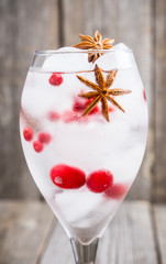 Gin with cranberry and ice in wine glass. Selective focus.