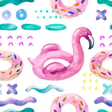 Water color flamingo pool float, donut floating on 80s 90s background