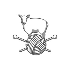 Wool emblem with sheep, tangle of yarn and knitting needles. Label for hand made, knitting or tailor shop