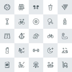 Modern Simple Set of sports, travel Vector outline Icons. ..Contains such Icons as  nautical, luggage,  anchor,  trolley,  camp,  isolated and more on white background. Fully Editable. Pixel Perfect.