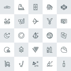 Modern Simple Set of sports, travel Vector outline Icons. ..Contains such Icons as  beach,  vacation,  skating,  surfing,  ice,  bike,  fun and more on white background. Fully Editable. Pixel Perfect.