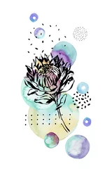  Ink tropical flower drawing on geometric background with watercolor, doodle textures © Tanya Syrytsyna