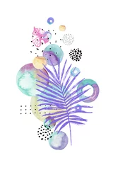 Poster Tekening van tropische bladeren op geometrische achtergrond met aquarel, doodle texturen. © Tanya Syrytsyna