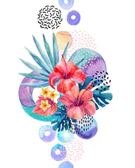 Deurstickers Handgeschilderde tropische bloemen, waaierpalm, monsterabladeren, doodle texturen, geometrische vormen in hipster, minimalistische stijl. © Tanya Syrytsyna