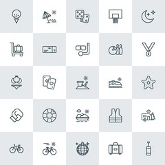 Modern Simple Set of sports, travel Vector outline Icons. ..Contains such Icons as  luggage,  safety, party,  wheel,  vest, life, sport and more on white background. Fully Editable. Pixel Perfect.