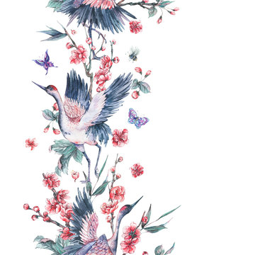 Watercolor seamless border with crane, blooming branches