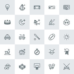 Modern Simple Set of sports, travel Vector outline Icons. ..Contains such Icons as  sword,  fun,  anchor,  soccer,  travel, blade,  leisure and more on white background. Fully Editable. Pixel Perfect.