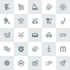 Modern Simple Set of sports, travel Vector outline Icons. ..Contains such Icons as  luxury,  sunrise, sunset,  nautical,  nature,  vacation and more on white background. Fully Editable. Pixel Perfect.