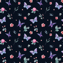 Watercolor seamless pattern buds and butterflies