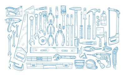 Collection of manual and powered electric tools for woodworking, home repair and maintenance hand drawn with blue contour lines on white background. Monochrome realistic vector illustration.