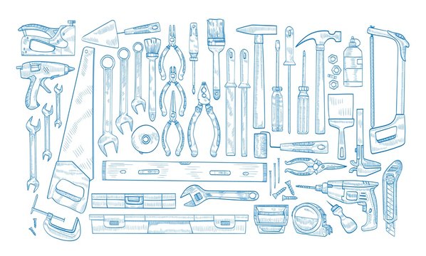 Collection of manual and powered electric tools for woodworking, home repair and maintenance hand drawn with blue contour lines on white background. Monochrome realistic vector illustration.