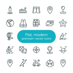 Modern Simple Set of location, travel Vector outline Icons. ..Contains such Icons as  clothing,  action,  journey,  bag, earth,  web,  north and more on white background. Fully Editable. Pixel Perfect