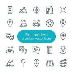 Modern Simple Set of location, travel Vector outline Icons. ..Contains such Icons as  arrow, target,  light,  lighthouse,  extreme,  phone and more on white background. Fully Editable. Pixel Perfect