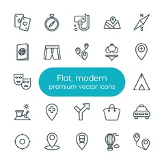 Modern Simple Set of location, travel Vector outline Icons. ..Contains such Icons as map, compass,  equipment,  deck,  location,  map,  icon and more on white background. Fully Editable. Pixel Perfect