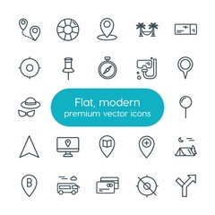Modern Simple Set of location, travel Vector outline Icons. ..Contains such Icons as  plane,  adventure, bus,  tropical,  add,  vector,  pin and more on white background. Fully Editable. Pixel Perfect