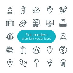 Modern Simple Set of location, travel Vector outline Icons. ..Contains such Icons as  world,  luggage,  park, underwater,  business,  mobile and more on white background. Fully Editable. Pixel Perfect