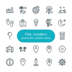 Modern Simple Set of location, travel Vector outline Icons. ..Contains such Icons as  map,  train,  people,  beautiful,  camp,  pin,  port and more on white background. Fully Editable. Pixel Perfect
