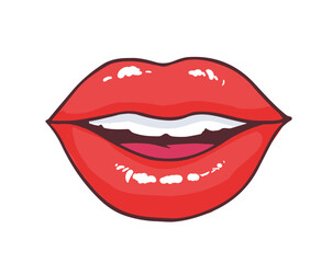Obraz premium Slightly ajar mouth with bright red glossy lips isolated on white background