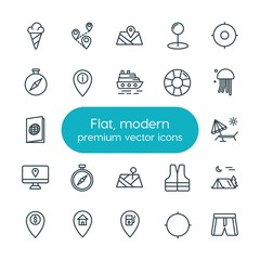 Modern Simple Set of location, travel Vector outline Icons. ..Contains such Icons as  adventure, location,  travel,  pin, target, sweet, map and more on white background. Fully Editable. Pixel Perfect