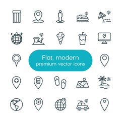 Modern Simple Set of location, travel Vector outline Icons. ..Contains such Icons as  club,  railway, beach, umbrella,  world,  towel,  food and more on white background. Fully Editable. Pixel Perfect