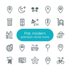 Modern Simple Set of location, travel Vector outline Icons. ..Contains such Icons as  fun, gps,  travel,  street, location,  navigation, sea and more on white background. Fully Editable. Pixel Perfect