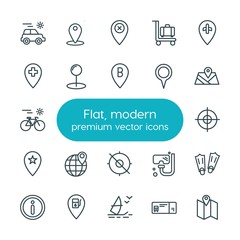Modern Simple Set of location, travel Vector outline Icons. ..Contains such Icons as airport,  symbol,  internet, train,  coupon,  vector and more on white background. Fully Editable. Pixel Perfect