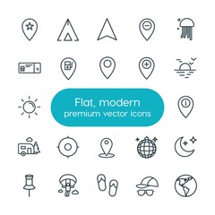 Modern Simple Set of location, travel Vector outline Icons. ..Contains such Icons as map,  location,  icon,  planet,  camp,  pin,  sea,  sky and more on white background. Fully Editable. Pixel Perfect