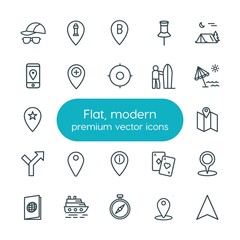 Modern Simple Set of location, travel Vector outline Icons. ..Contains such Icons as  document, location,  sign, map,  nature,  cruise,  pin and more on white background. Fully Editable. Pixel Perfect