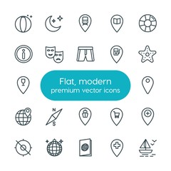 Modern Simple Set of location, travel Vector outline Icons. ..Contains such Icons as  pin,  astronomy,  save,  ball,  design,  beach,  add and more on white background. Fully Editable. Pixel Perfect